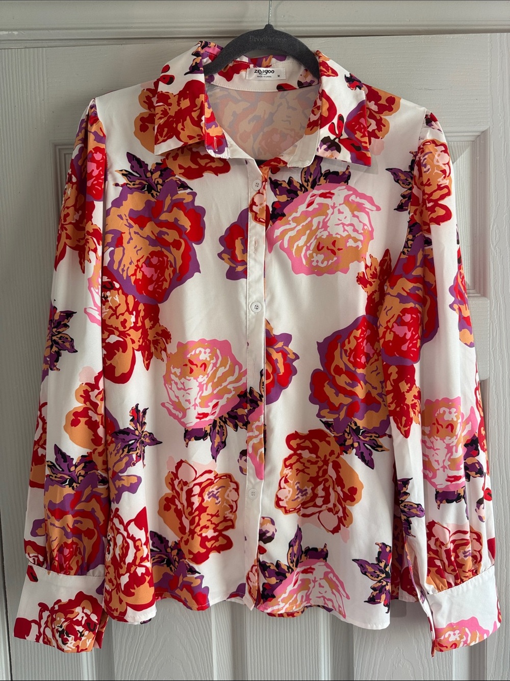 Floral Button-Up Blouse in White with Pink, Red & Orange Blooms